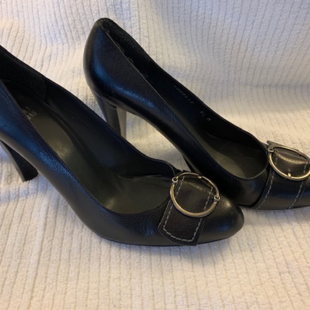 Stuart Weitzman black leather embellished heels